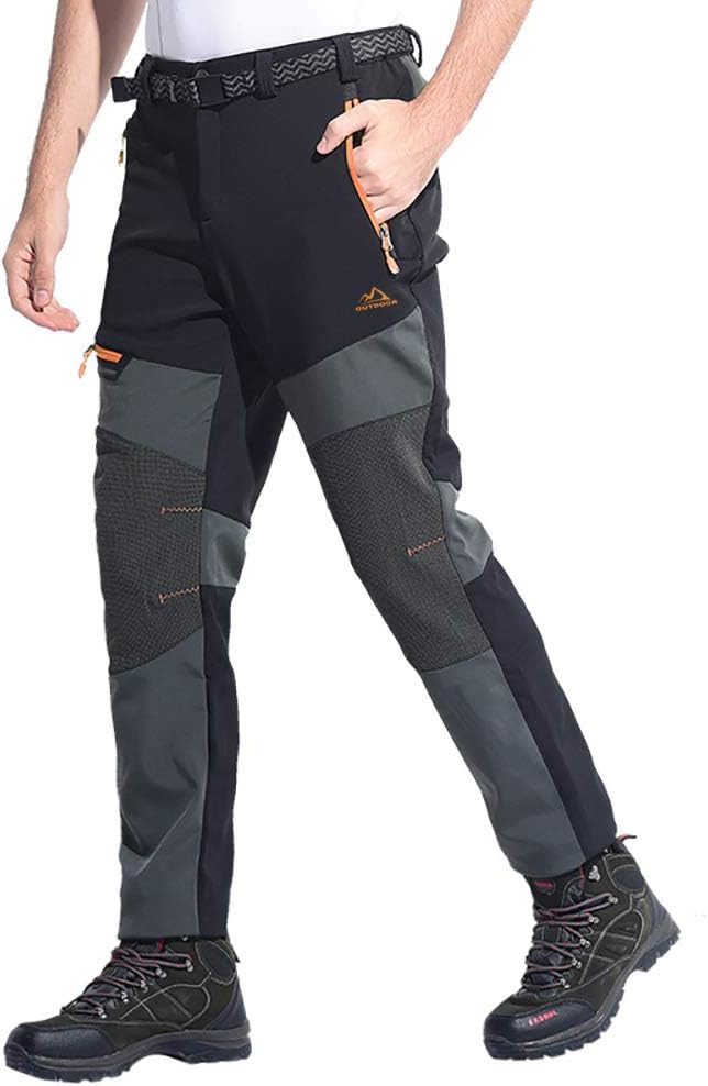 EKLENTSON Men's Waterproof Softshell Fleece Lined Outdoor Walking Trousers Warm Thicken Padded Hiking Ski Pants with Zip Pockets
