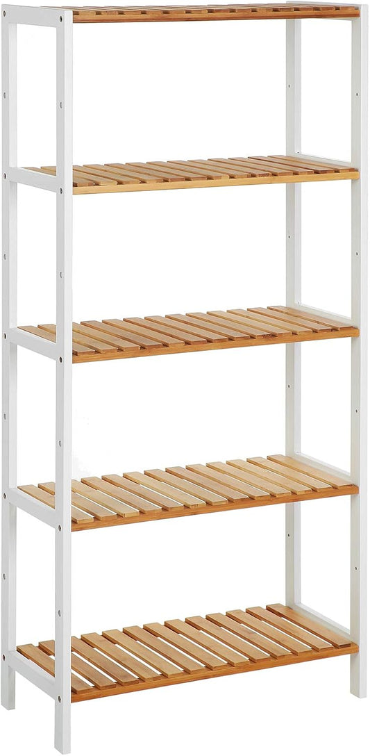 SONGMICS Bamboo Storage Shelf, 5-Tier Shelving Unit, Multifunctional, in the Hallway, Bathroom, Living Room, Balcony, Kitchen, 26 x 60 x 130 cm, White and Natural BCB35WN