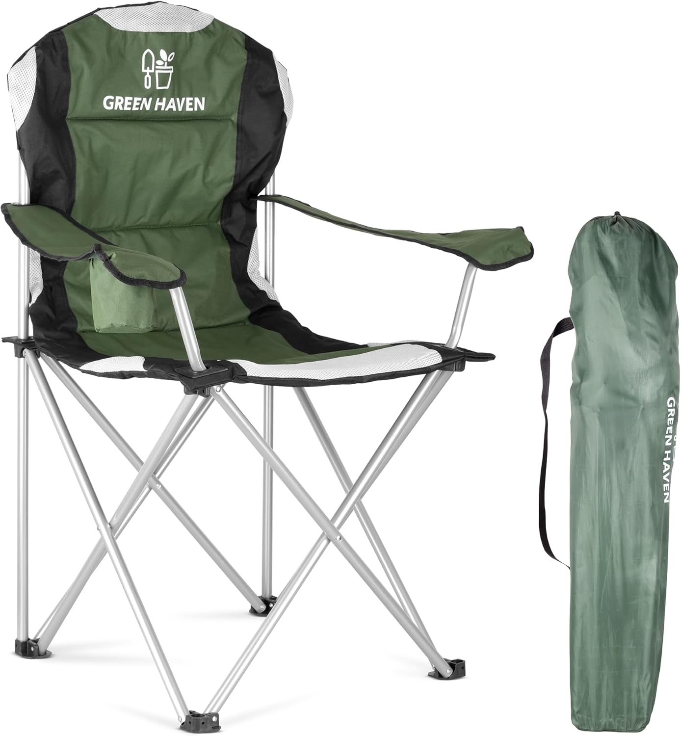 Green Haven Deluxe Padded Camping Chairs - Heavy-Duty Folding Chair Hold up to 120kg, Flat Feet Comfortable Beach & Camping Chairs with Cup Holder and Side Pockets