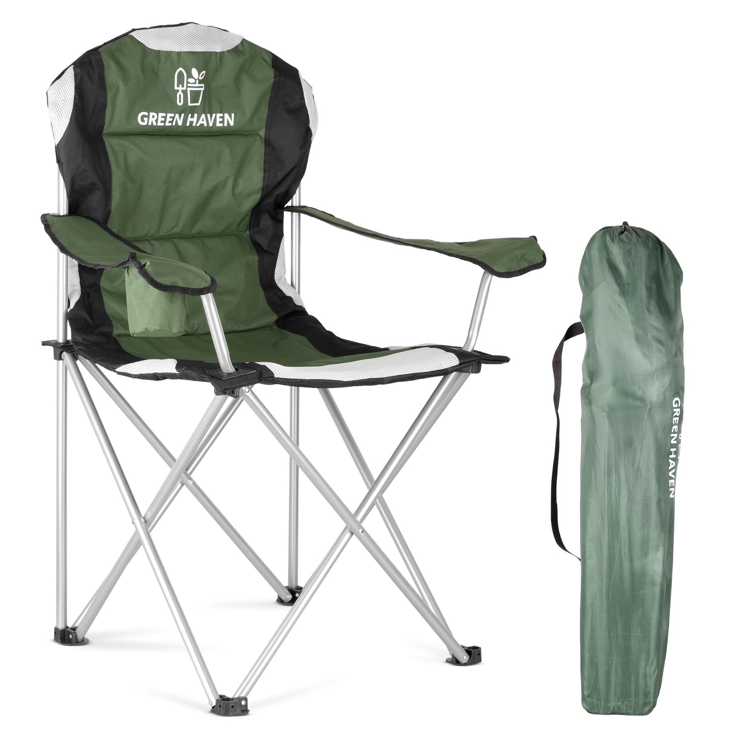 Green Haven Deluxe Padded Camping Chairs - Heavy-Duty Folding Chair Hold up to 120kg, Flat Feet Comfortable Beach & Camping Chairs with Cup Holder and Side Pockets