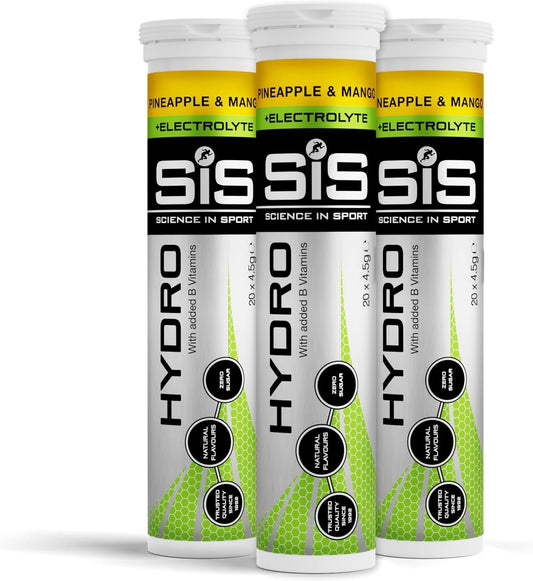 Science In Sport Hydro Hydration Tablets, Gluten-Free, Zero Sugar, Pineapple and Mango Flavour Plus Electrolytes, 20 Effervescent Tablets per Bottle (3 Bottles)