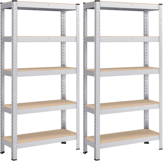 SONGMICS 5-Tier Shelving Unit, Set of 2 Steel Shelving Unit for Storage, Boltless Assembly, for Garage, Shed, Load Capacity 650 kg Each, 30 x 75 x 150 cm, Silver GLR030E02