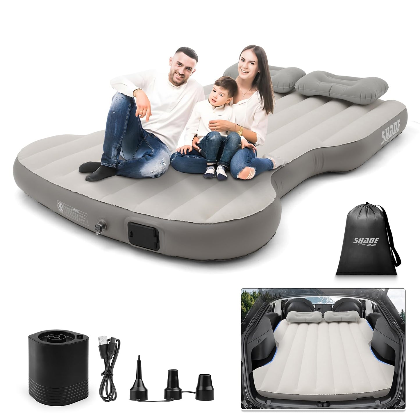 Shademax SUV Air Mattress, Inflatable Car Air Mattress for Toyota 4runner RAV4, Jeep Wrangler, Ford Explorer Air Mattress Outdoor Travel Camping Car Bed with Built-in Pillow for SUV Trunk & Back Seat