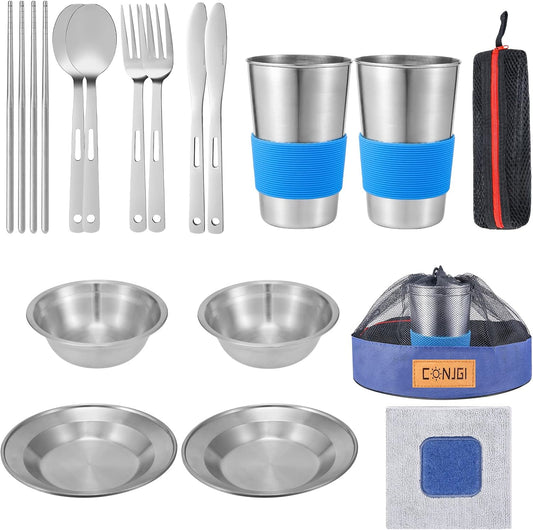 Camping Dinnerware Set Stainless - Camping Mess Kit Includes Cups, Bowls, Dishes, Knives, Forks, Spoons, Etc, Camping Tableware Set With Mesh Bag Is Easy To Carry(2-person set blue)