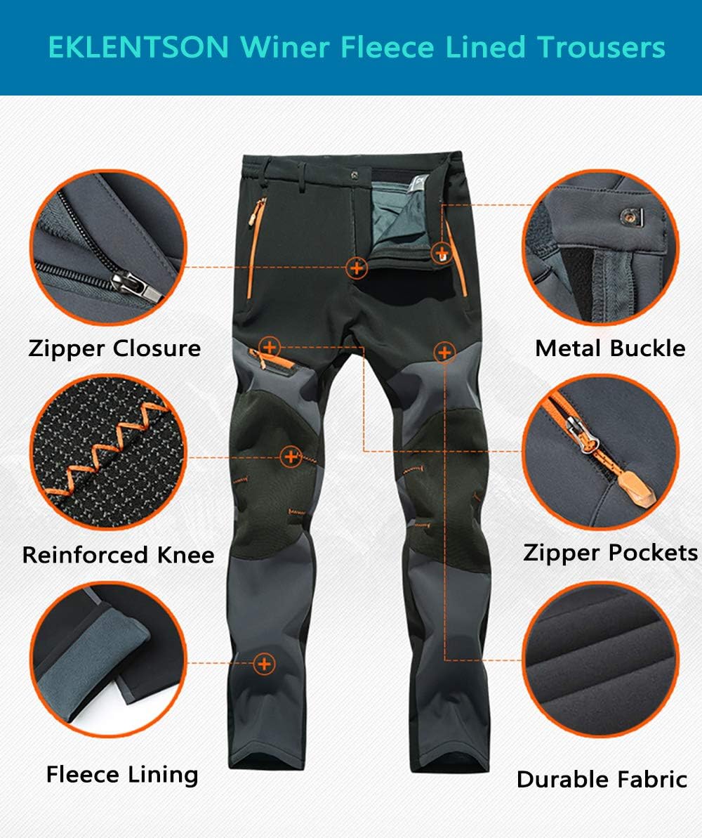 EKLENTSON Men's Waterproof Softshell Fleece Lined Outdoor Walking Trousers Warm Thicken Padded Hiking Ski Pants with Zip Pockets