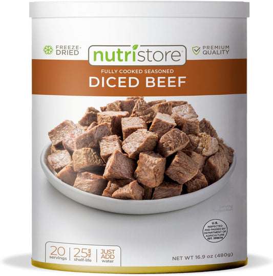 Nutristore Freeze Dried Beef Dices | Pre-Cooked Meat for Backpacking, Camping, Meal Prep | Long Term Survival Emergency Food Supply | 25 Year Shelf Life | Bulk #10 Can | Made in USA | 20 Servings