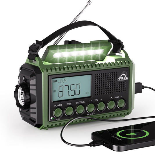 Dab Wind Up Radio, 5000 mAh Solar Powered Emergency Radio with SOS Alarm, Hand Crank Radio with USB Phone Charger, Portable Dab Radio with Flashlight, Headphone Jack and Dual Alarm for Camping