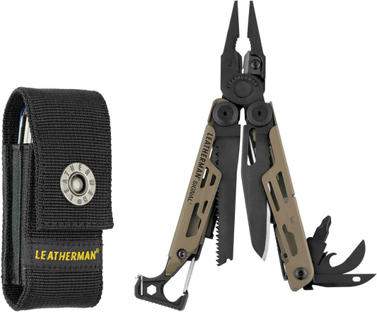 Leatherman Signal Multi-Tool - 19 Tools for Camping & Survival, with Black Nylon Holster, Brown