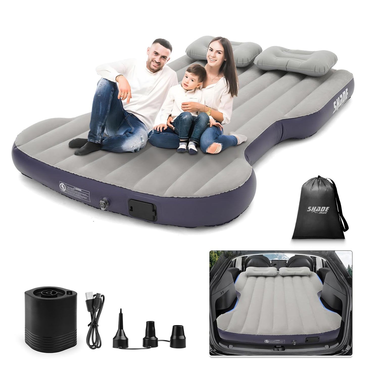 Shademax SUV Air Mattress, Inflatable Car Air Mattress for Toyota 4runner RAV4, Jeep Wrangler, Ford Explorer Air Mattress Outdoor Travel Camping Car Bed with Built-in Pillow for SUV Trunk & Back Seat