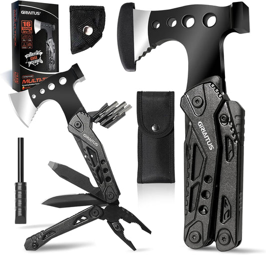 GIRIAITUS Camping Multitool Accessories Gifts for Men Dad 16 in 1 Upgraded Multi Tool Survival Gear with Hammer Pliers Saw Screwdrivers Bottle Opener Whistle & Portable Sheath