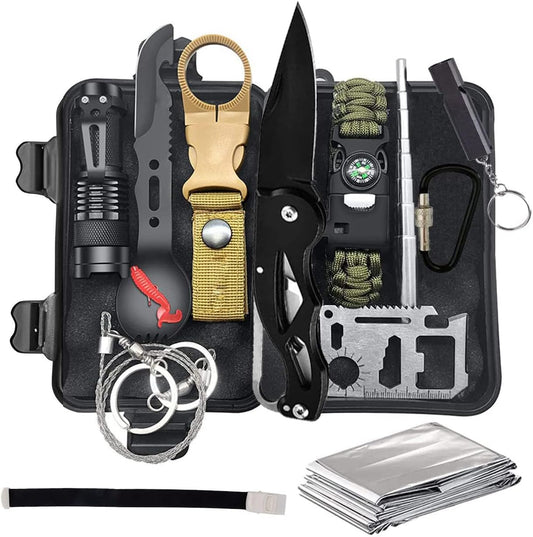 Emergency Survival Kit - 13-in-1 Outdoor Multi-Tool with Thermal Blankets, Survival Bracelet, Tourniquet, Whistles, and Camping Fishing Kit
