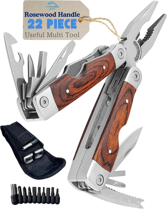 Rosewood Multi Tool, 22 in 1 Tools, Tough Belt Pouch, Needle & General Pliers, Screwdrivers - Phillips & Flathead, 10 Piece Bit Set, File, 2 Inch Rule, Can Opener, Bottle Opener
