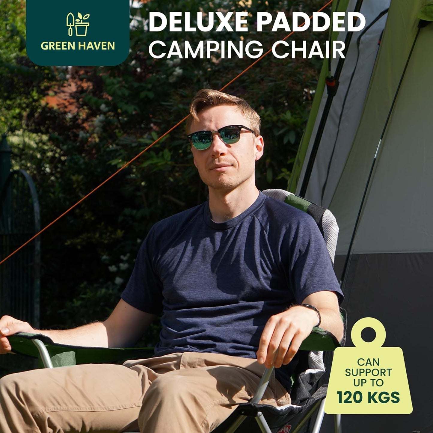 Green Haven Deluxe Padded Camping Chairs - Heavy-Duty Folding Chair Hold up to 120kg, Flat Feet Comfortable Beach & Camping Chairs with Cup Holder and Side Pockets