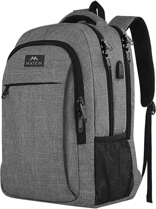 MATEIN Travel Laptop Backpack, Work Bag Lightweight Laptop Bag with USB Charging Port, Anti Theft Business Backpack, Water Resistant School Rucksack Gift for Men and Women, Fits 15.6 Inch, Grey