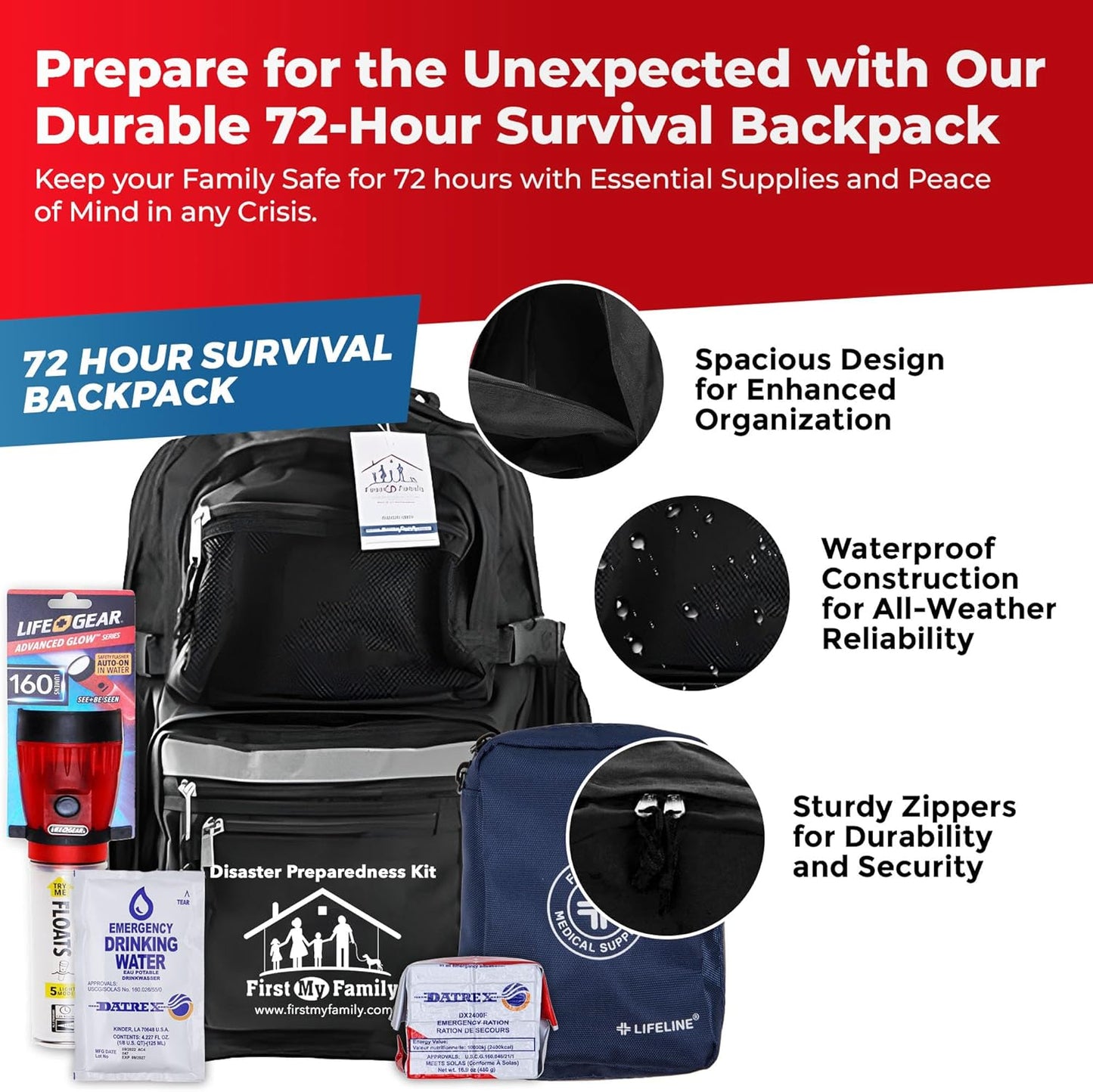 First My Family 4FKIT All-in-One 4-Person Premium Disaster Preparedness Survival Kit/Earthquake Kit with 72 Hours of Survival and First-Aid Supplies 4PKIT