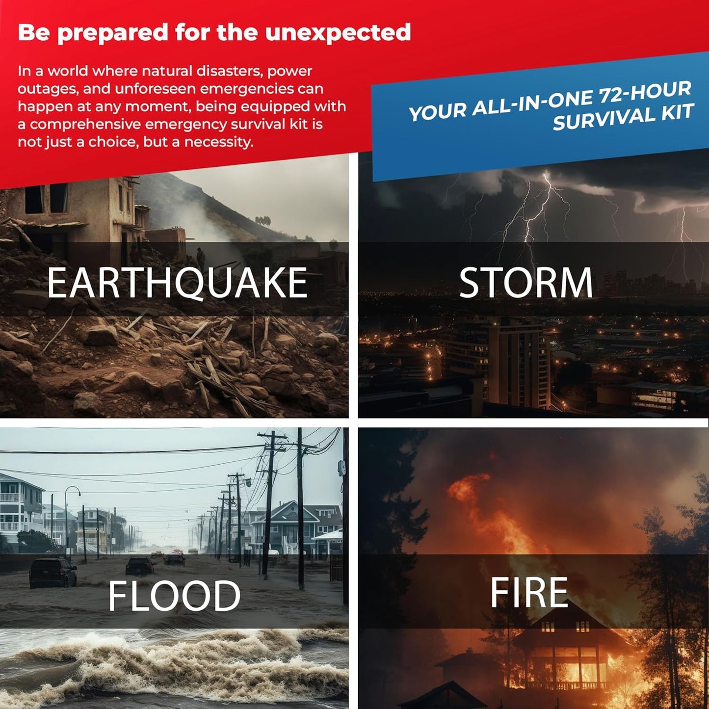 First My Family 4FKIT All-in-One 4-Person Premium Disaster Preparedness Survival Kit/Earthquake Kit with 72 Hours of Survival and First-Aid Supplies 4PKIT
