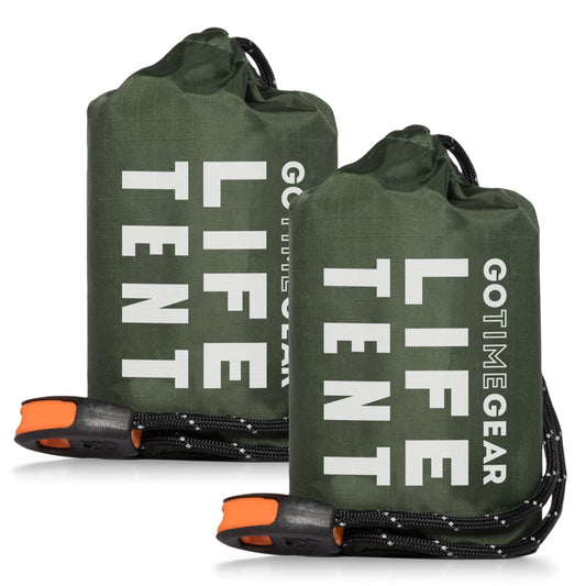 Go Time Gear Survival Life Tent • 2 Person Mylar Emergency Shelter Tube Tent + Paracord • All-Weather Protection for Camping, Hiking, & Survival Kits • Includes Emergency Whistle