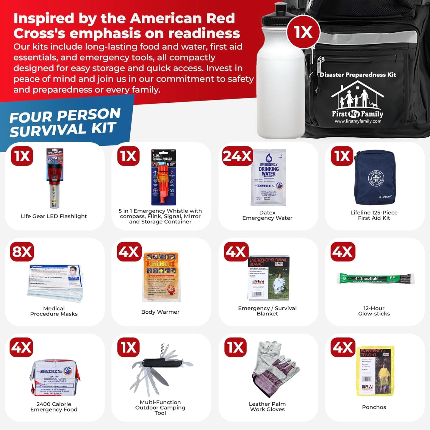 First My Family 4FKIT All-in-One 4-Person Premium Disaster Preparedness Survival Kit/Earthquake Kit with 72 Hours of Survival and First-Aid Supplies 4PKIT
