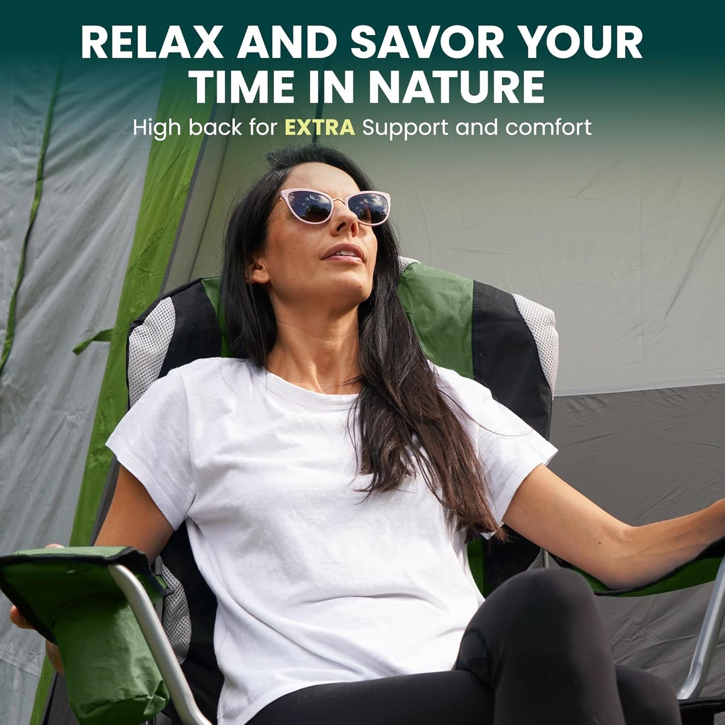 Green Haven Deluxe Padded Camping Chairs - Heavy-Duty Folding Chair Hold up to 120kg, Flat Feet Comfortable Beach & Camping Chairs with Cup Holder and Side Pockets