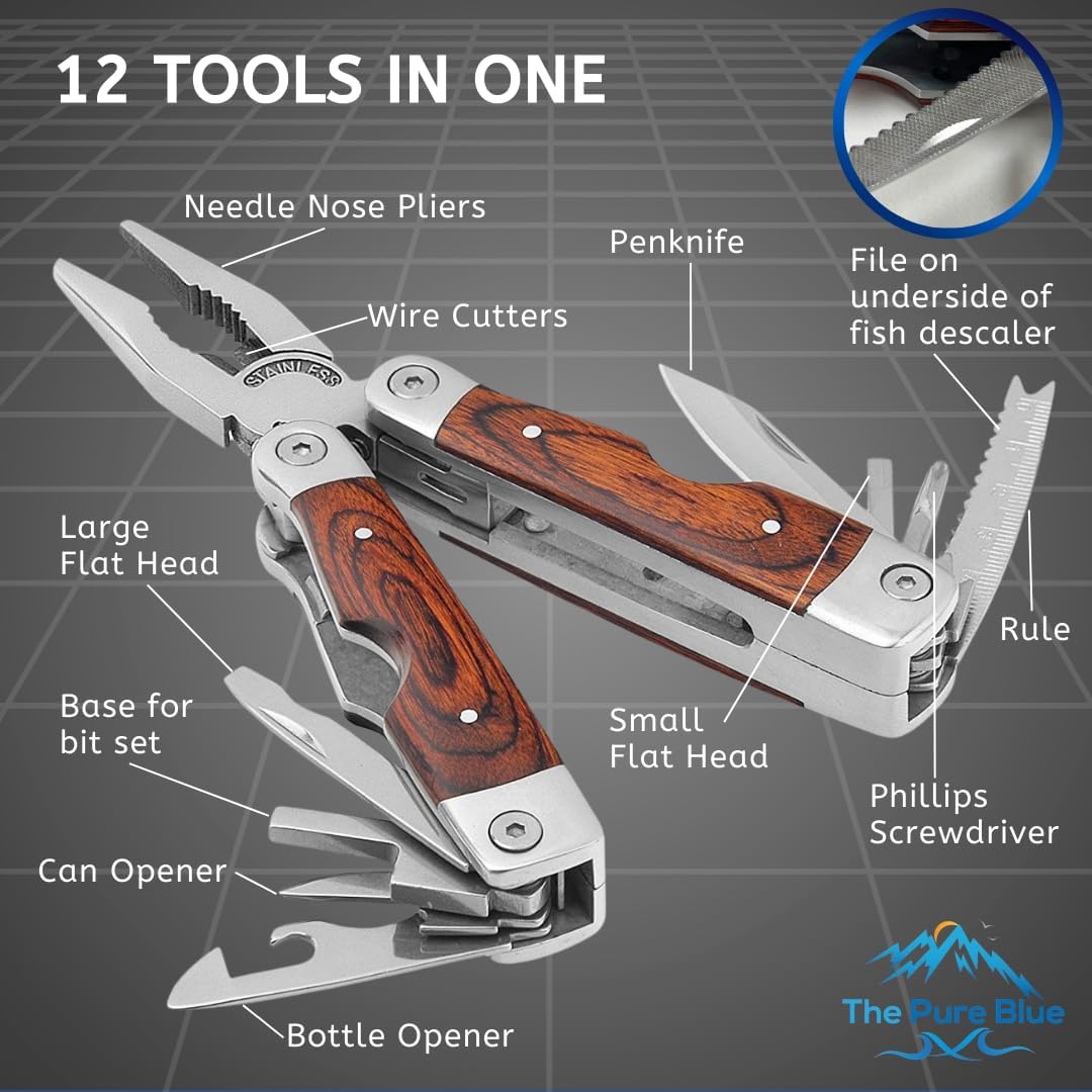 Rosewood Multi Tool, 22 in 1 Tools, Tough Belt Pouch, Needle & General Pliers, Screwdrivers - Phillips & Flathead, 10 Piece Bit Set, File, 2 Inch Rule, Can Opener, Bottle Opener