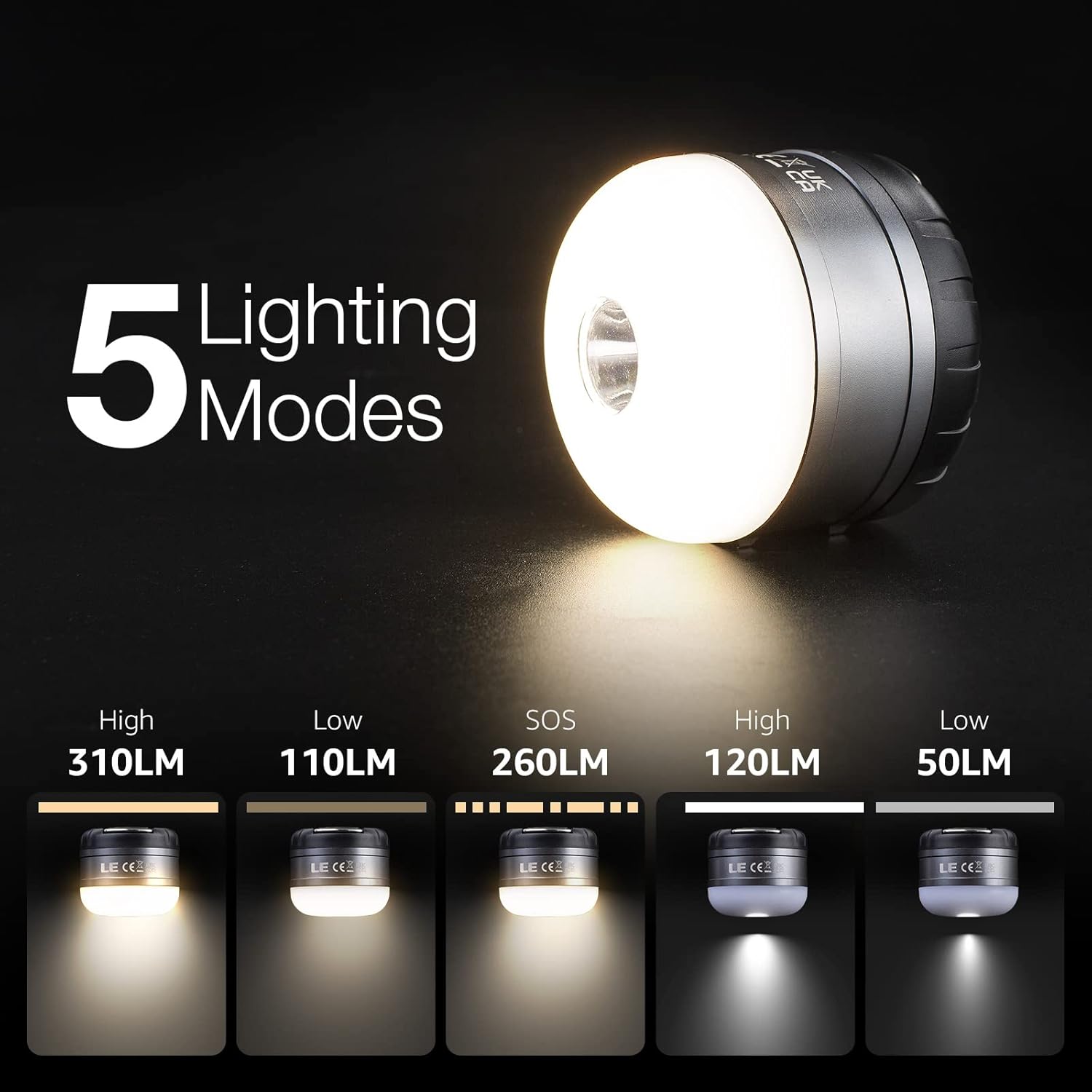 LE camping lamp, USB rechargeable, IPX4 waterproof, 3000 mAh power bank, neutral white, 3 light modes, camping light with battery, lantern, camping, outdoor use.