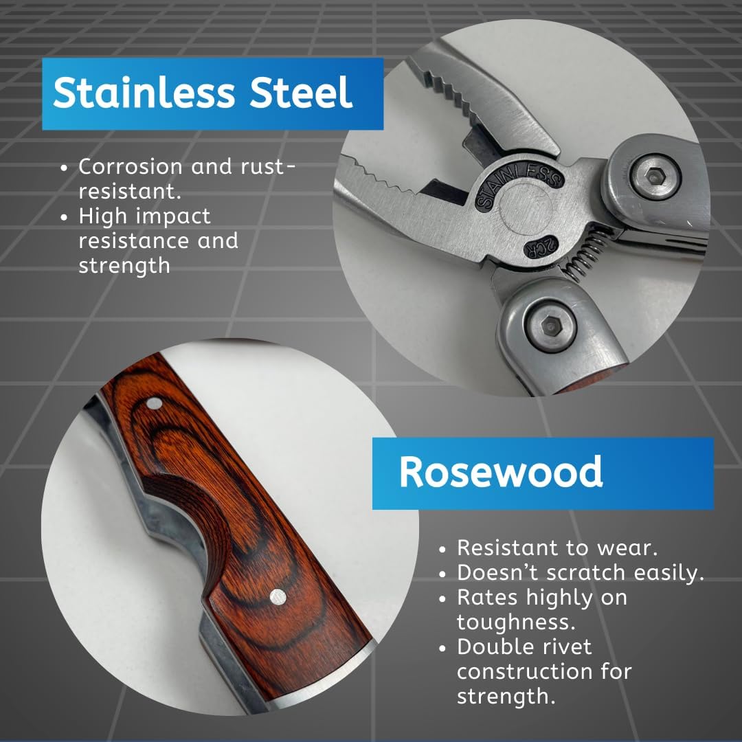 Rosewood Multi Tool, 22 in 1 Tools, Tough Belt Pouch, Needle & General Pliers, Screwdrivers - Phillips & Flathead, 10 Piece Bit Set, File, 2 Inch Rule, Can Opener, Bottle Opener