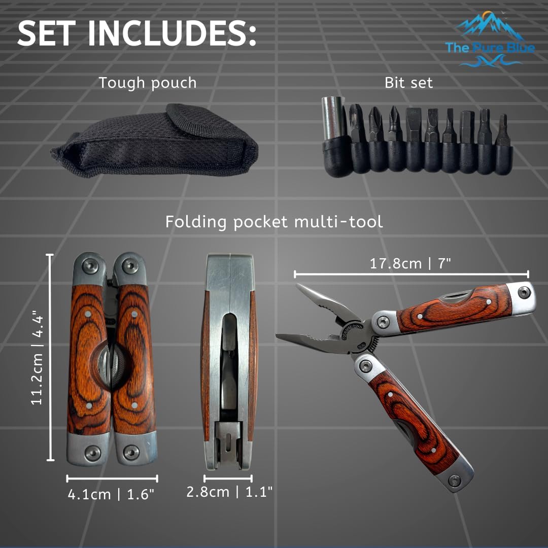 Rosewood Multi Tool, 22 in 1 Tools, Tough Belt Pouch, Needle & General Pliers, Screwdrivers - Phillips & Flathead, 10 Piece Bit Set, File, 2 Inch Rule, Can Opener, Bottle Opener