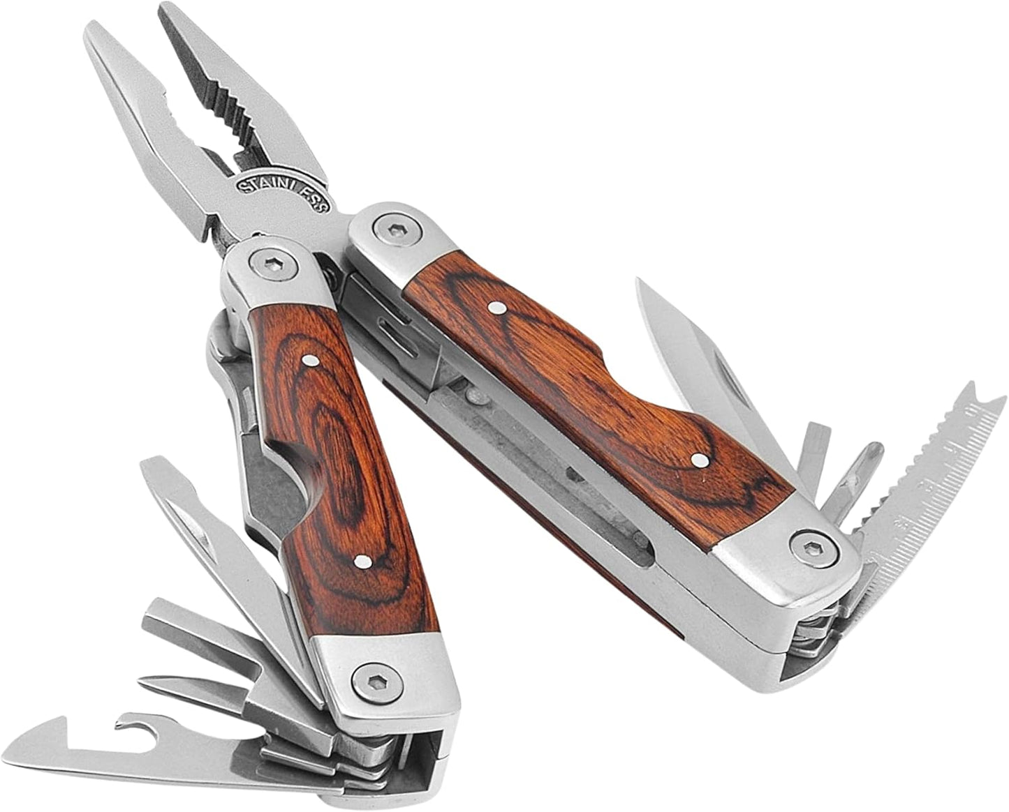 Rosewood Multi Tool, 22 in 1 Tools, Tough Belt Pouch, Needle & General Pliers, Screwdrivers - Phillips & Flathead, 10 Piece Bit Set, File, 2 Inch Rule, Can Opener, Bottle Opener