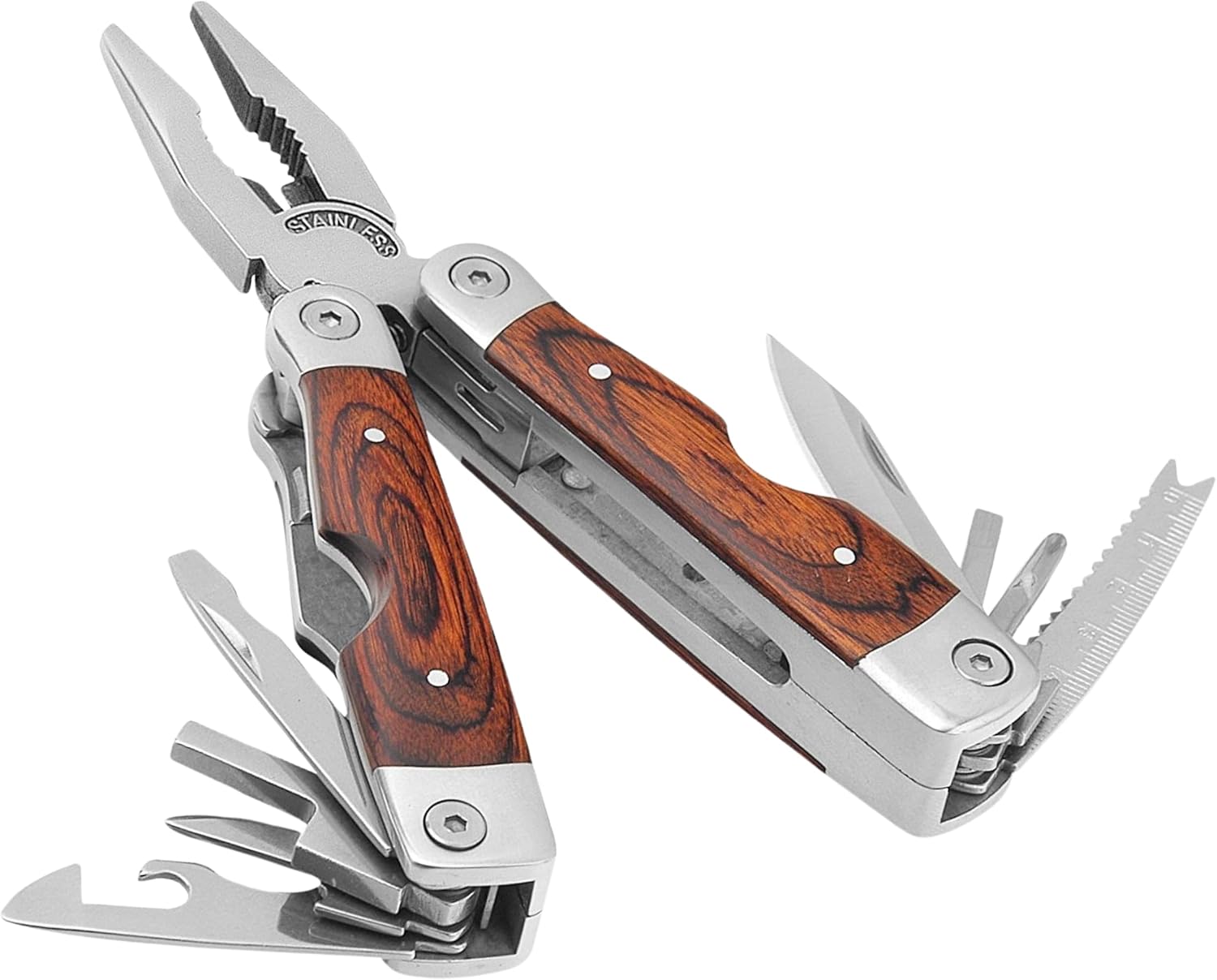 Rosewood Multi Tool, 22 in 1 Tools, Tough Belt Pouch, Needle & General Pliers, Screwdrivers - Phillips & Flathead, 10 Piece Bit Set, File, 2 Inch Rule, Can Opener, Bottle Opener