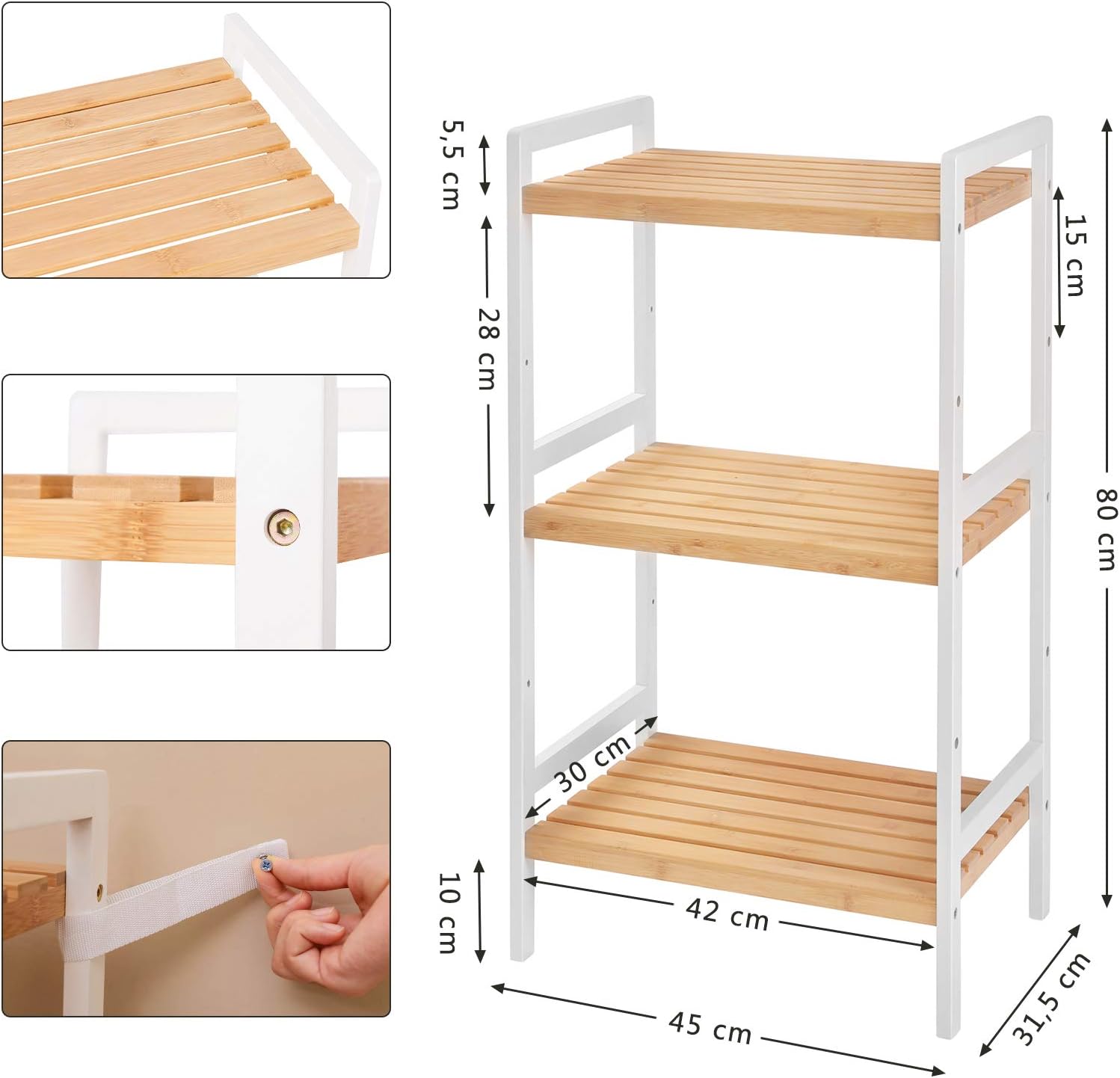 SONGMICS 3-Tier Bamboo Storage Rack for Bathroom, Kitchen, Bedroom, 45 x 31.5 x 80 cm, Natural and White BCB73Y