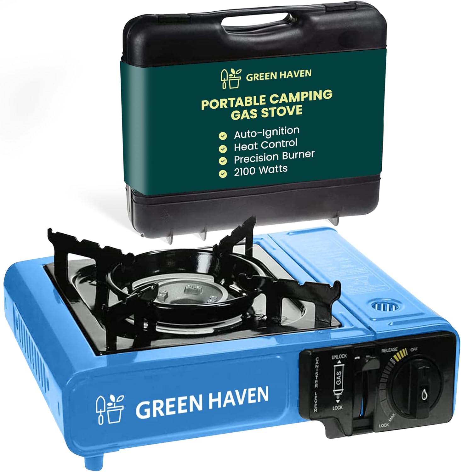 GREEN HAVEN Portable Camping Stove with Cary Case - Premium Camping Gas Stove, EN417 Compliant, Portable Gas Stove with Automatic Ignition & Heat Control, Blue