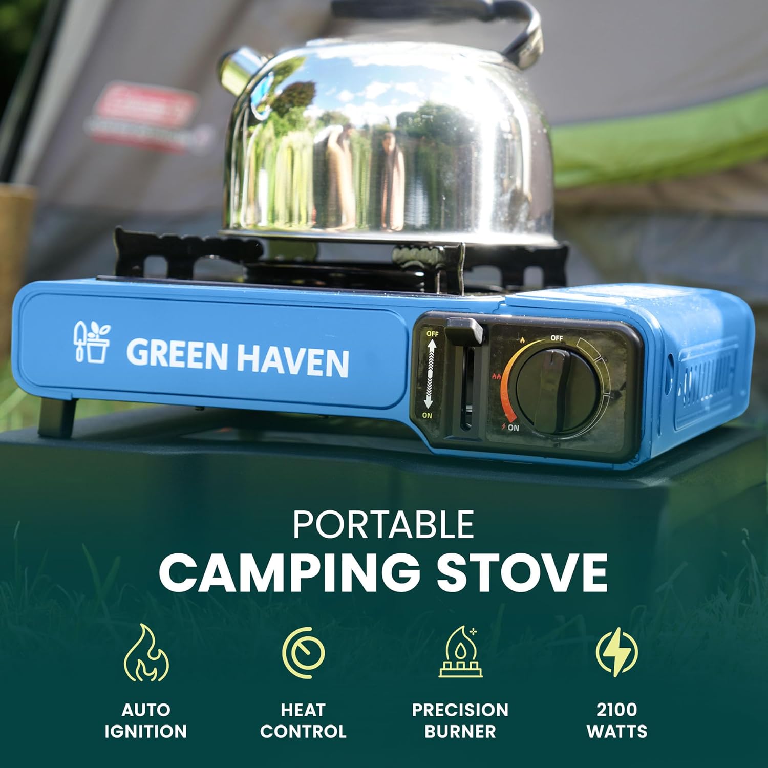 GREEN HAVEN Portable Camping Stove with Cary Case - Premium Camping Gas Stove, EN417 Compliant, Portable Gas Stove with Automatic Ignition & Heat Control, Blue