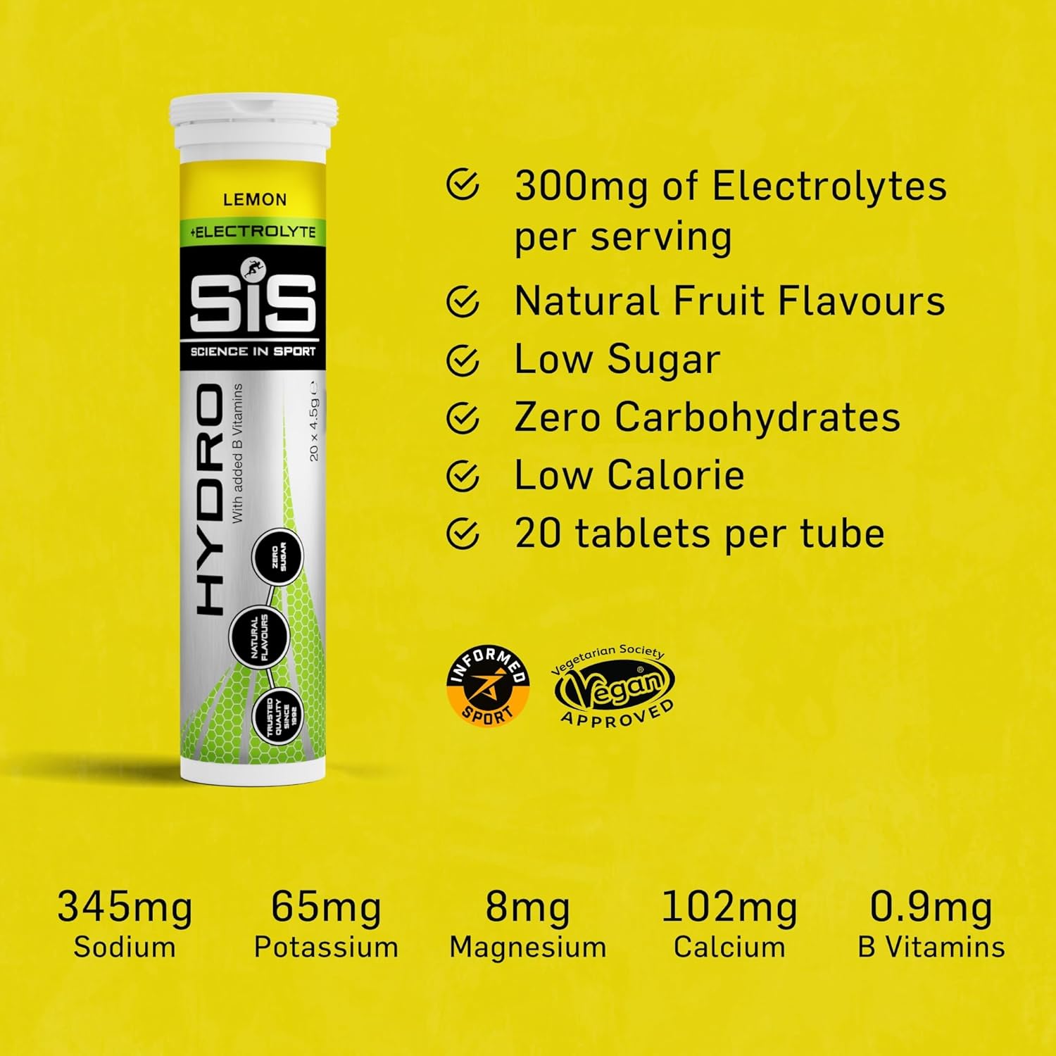 Science In Sport (SIS) Hydro Sugar-Free Electrolyte Hydration Tablets Lemon Flavour I Rehydration & Energy, Gluten-Free, 20 Effervescent Tablets