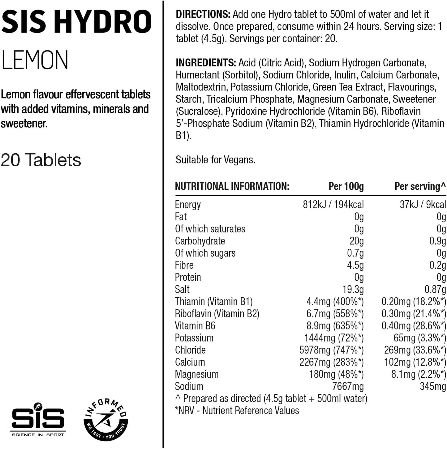 Science In Sport (SIS) Hydro Sugar-Free Electrolyte Hydration Tablets Lemon Flavour I Rehydration & Energy, Gluten-Free, 20 Effervescent Tablets