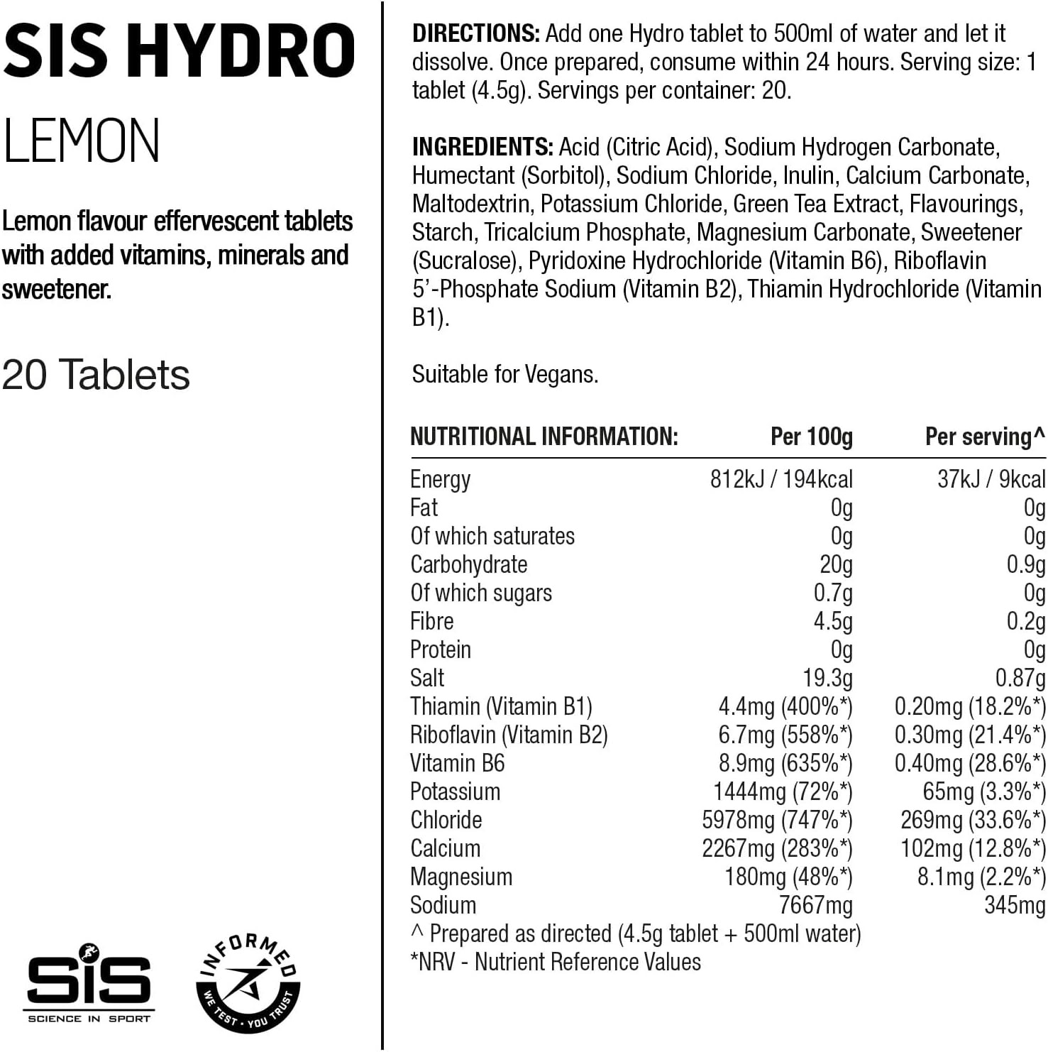 Science In Sport (SIS) Hydro Sugar-Free Electrolyte Hydration Tablets Lemon Flavour I Rehydration & Energy, Gluten-Free, 20 Effervescent Tablets