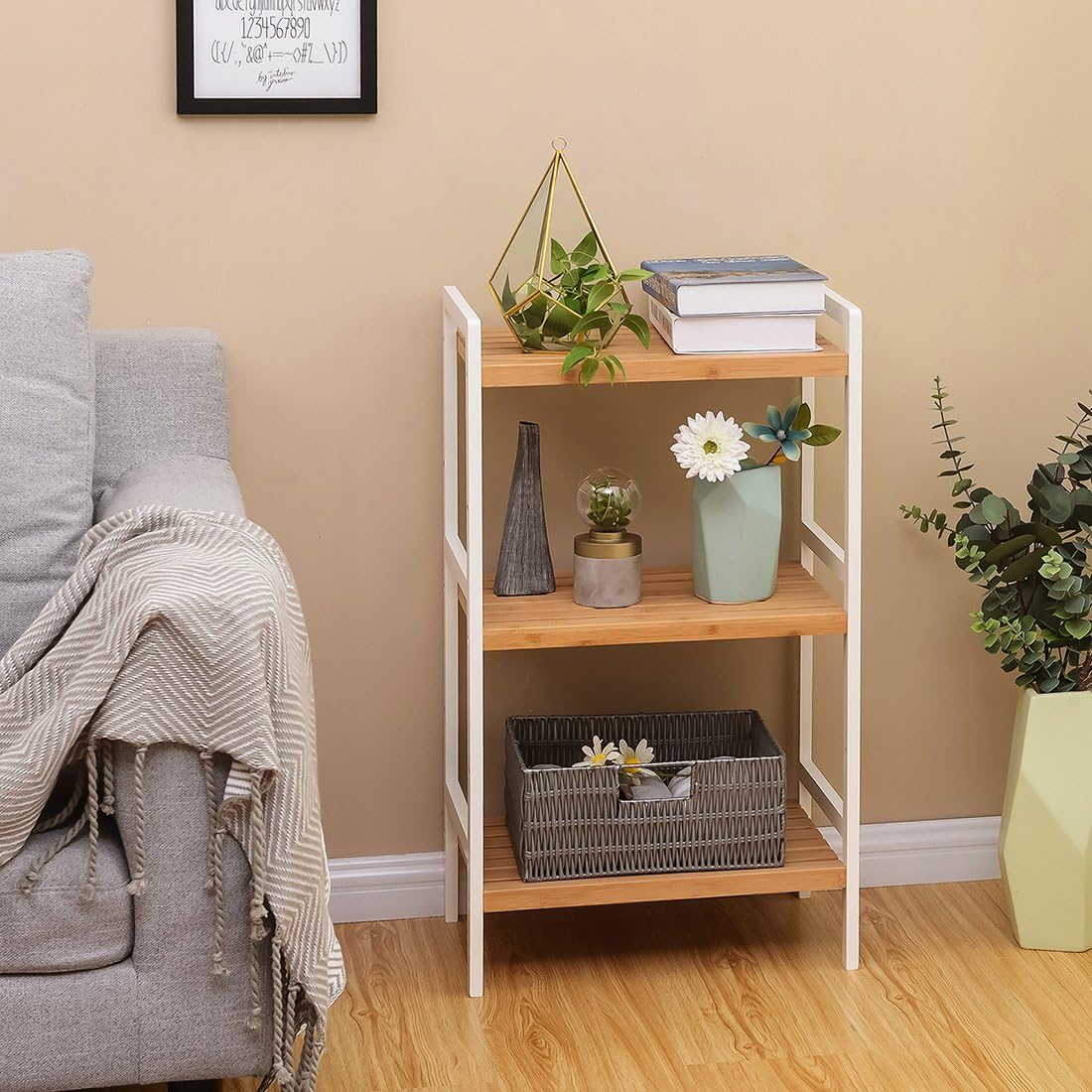 SONGMICS 3-Tier Bamboo Storage Rack for Bathroom, Kitchen, Bedroom, 45 x 31.5 x 80 cm, Natural and White BCB73Y