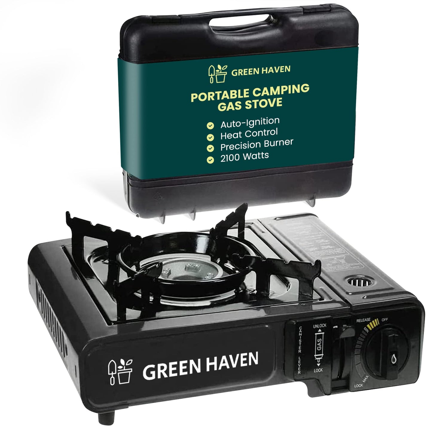GREEN HAVEN Portable Camping Stove with Cary Case - Premium Camping Gas Stove, EN417 Compliant, Portable Gas Stove with Automatic Ignition & Heat Control, Blue
