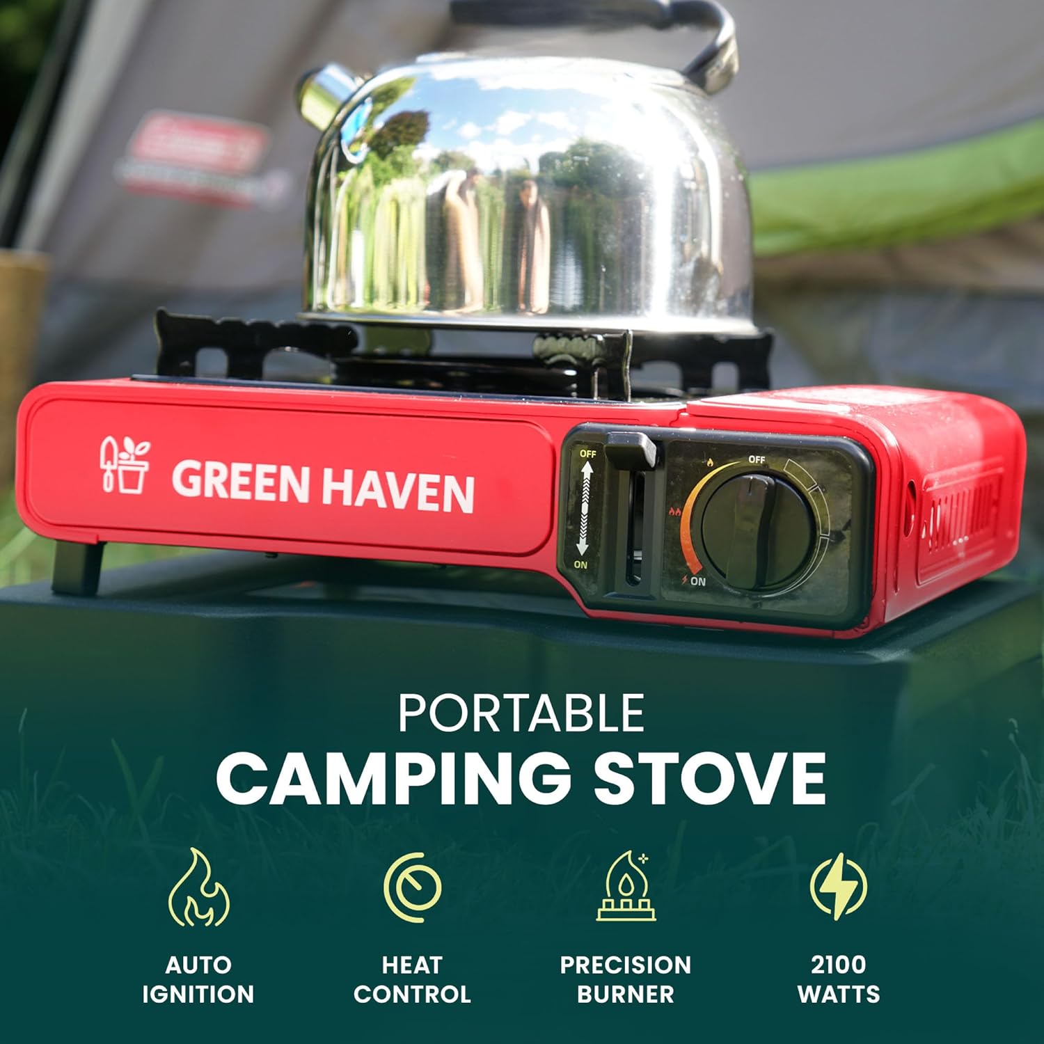 GREEN HAVEN Red Portable Camping Stove with Cary Case & 8 Butane Gas - Premium Camping Gas Stove, EN417 Compliant, Portable with Automatic Ignition & Heat Control