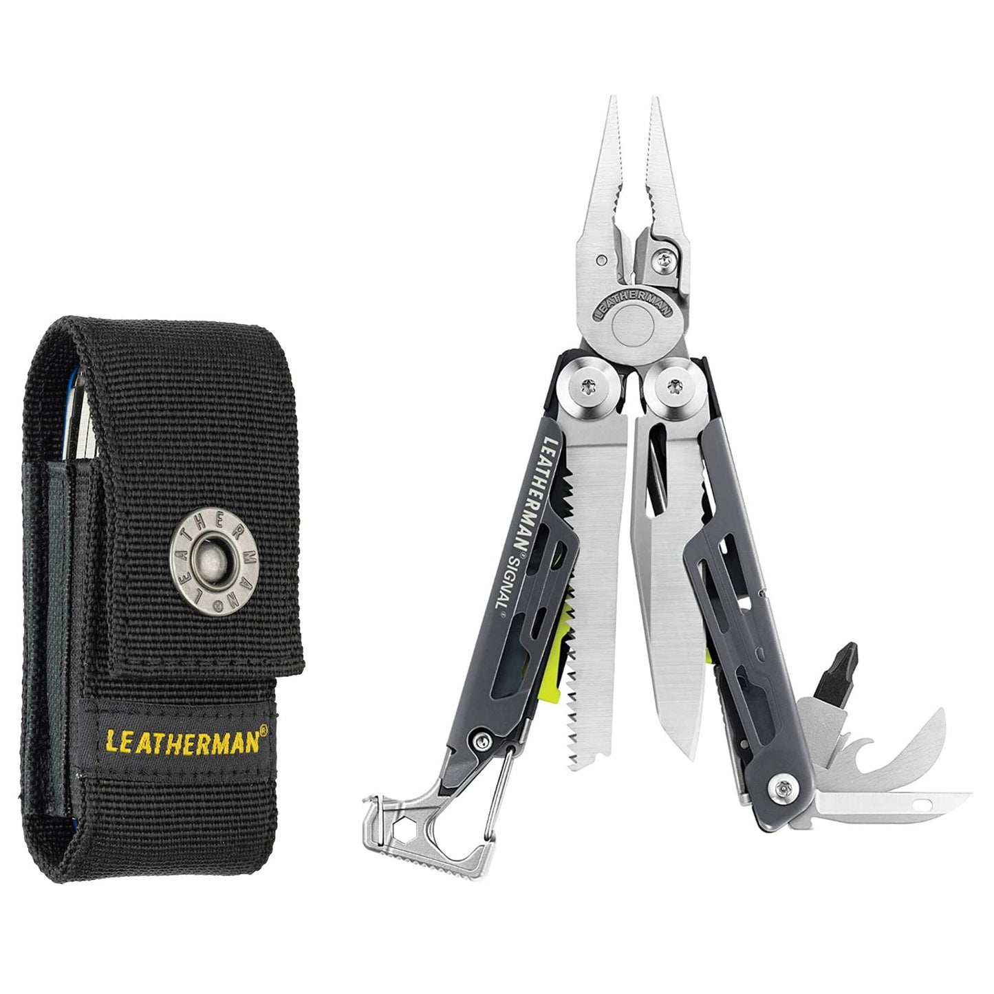 Leatherman Signal Multi-Tool - 19 Tools for Camping & Survival, with Black Nylon Holster, Brown