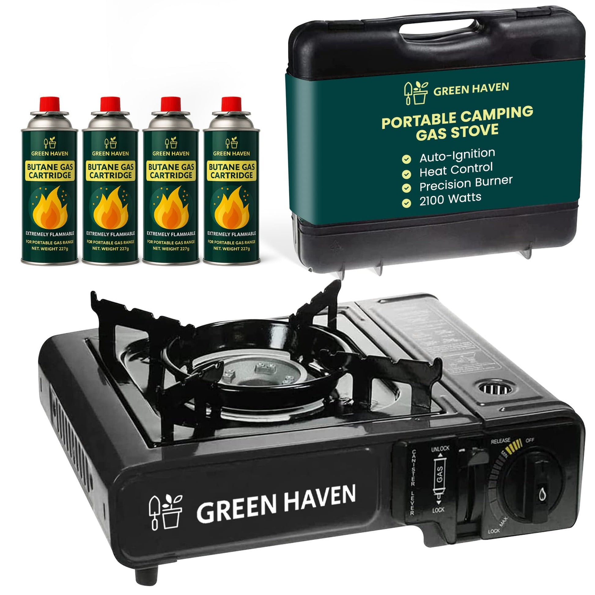 GREEN HAVEN Black Portable Camping Stove with Cary Case & 8 Butane Gas - Premium Camping Gas Stove, EN417 Compliant, Portable with Automatic Ignition & Heat Control