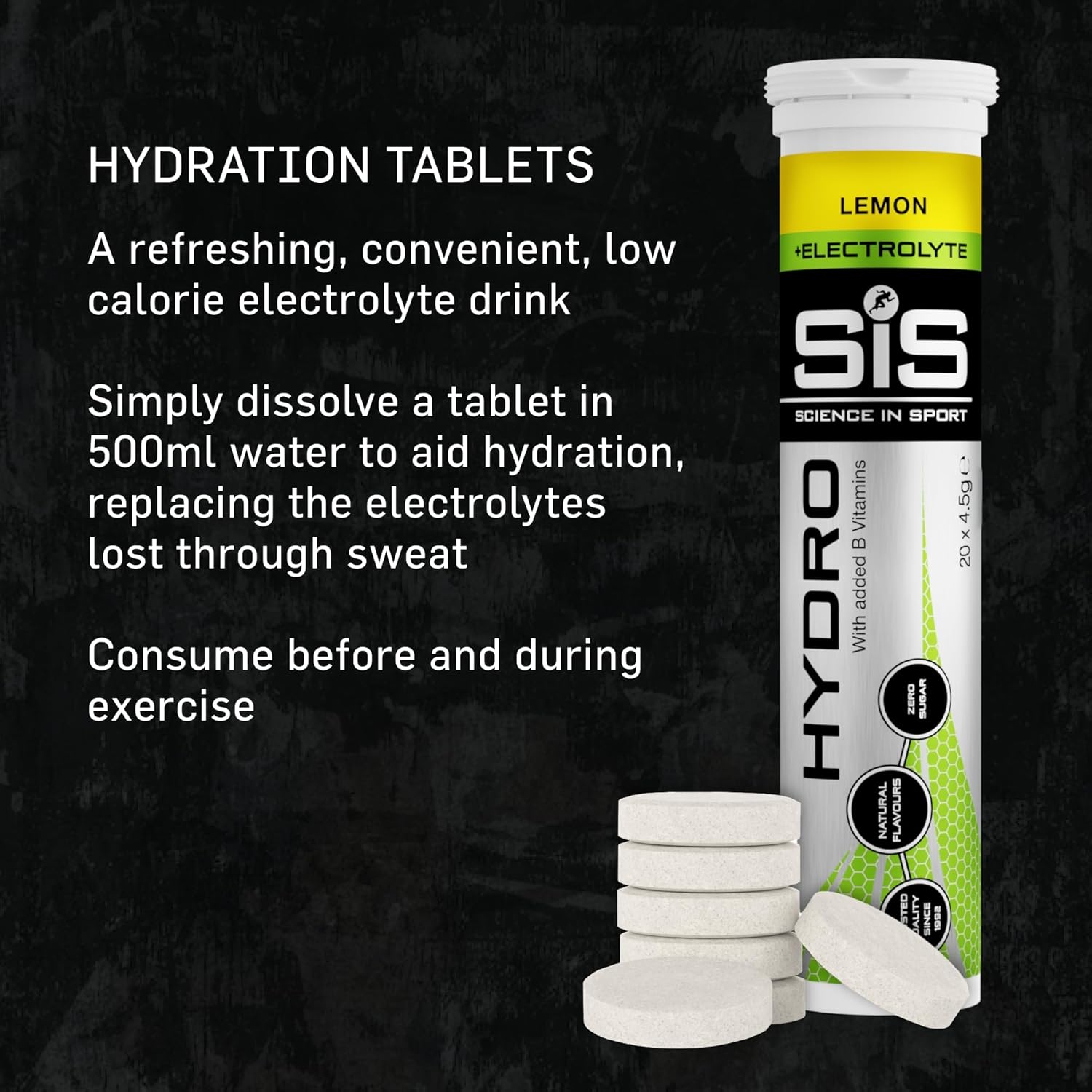 Science In Sport (SIS) Hydro Sugar-Free Electrolyte Hydration Tablets Lemon Flavour I Rehydration & Energy, Gluten-Free, 20 Effervescent Tablets