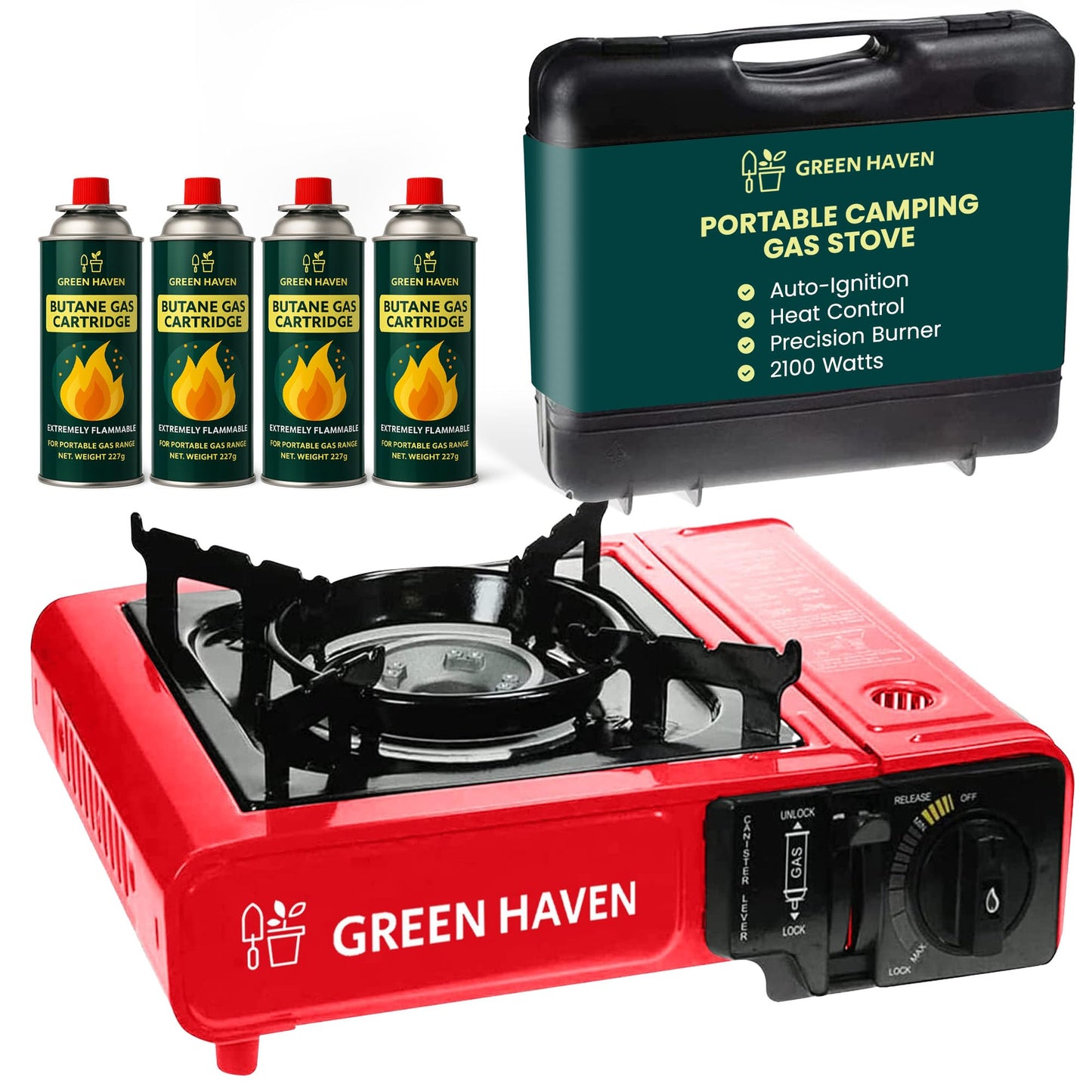 GREEN HAVEN Red Portable Camping Stove with Cary Case & 8 Butane Gas - Premium Camping Gas Stove, EN417 Compliant, Portable with Automatic Ignition & Heat Control