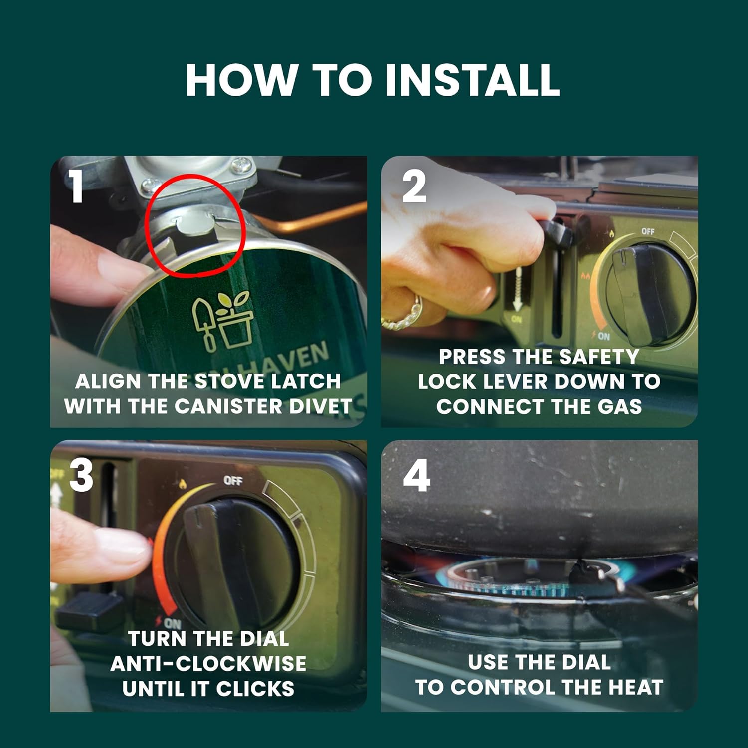 GREEN HAVEN Black Portable Camping Stove with Cary Case & 8 Butane Gas - Premium Camping Gas Stove, EN417 Compliant, Portable with Automatic Ignition & Heat Control