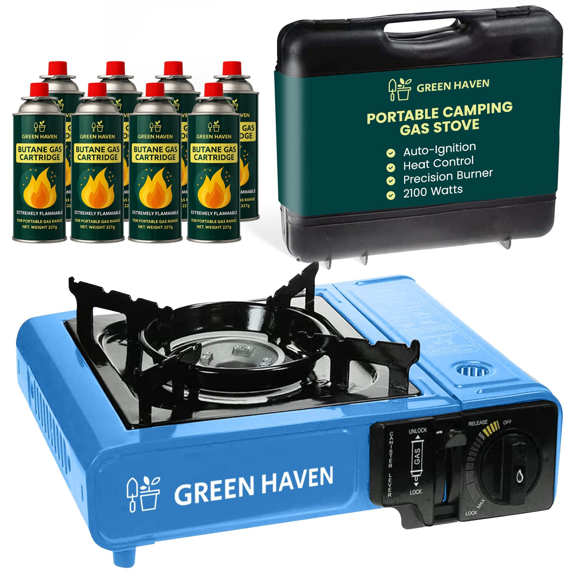 GREEN HAVEN Red Portable Camping Stove with Cary Case & 8 Butane Gas - Premium Camping Gas Stove, EN417 Compliant, Portable with Automatic Ignition & Heat Control