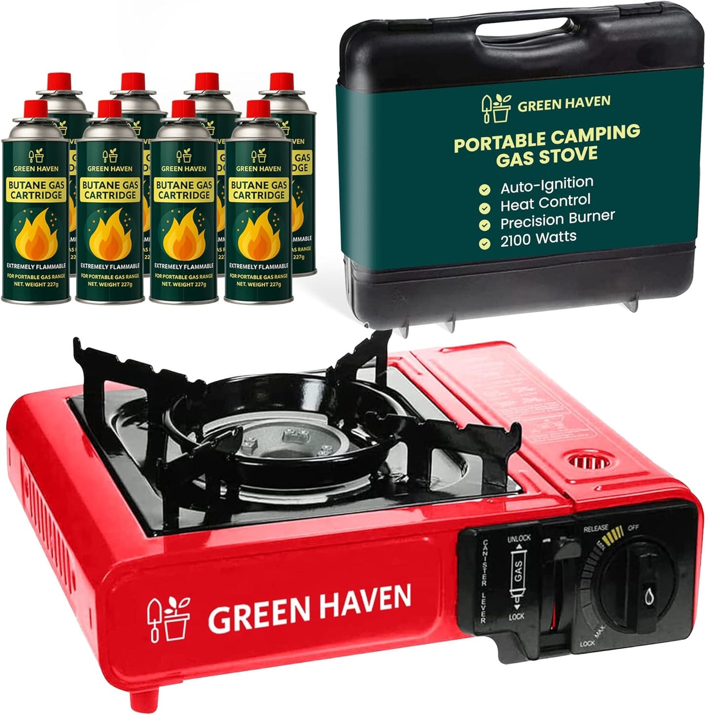 GREEN HAVEN Red Portable Camping Stove with Cary Case & 8 Butane Gas - Premium Camping Gas Stove, EN417 Compliant, Portable with Automatic Ignition & Heat Control