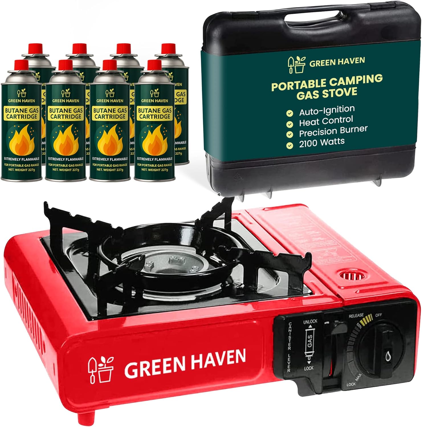 GREEN HAVEN Red Portable Camping Stove with Cary Case & 8 Butane Gas - Premium Camping Gas Stove, EN417 Compliant, Portable with Automatic Ignition & Heat Control