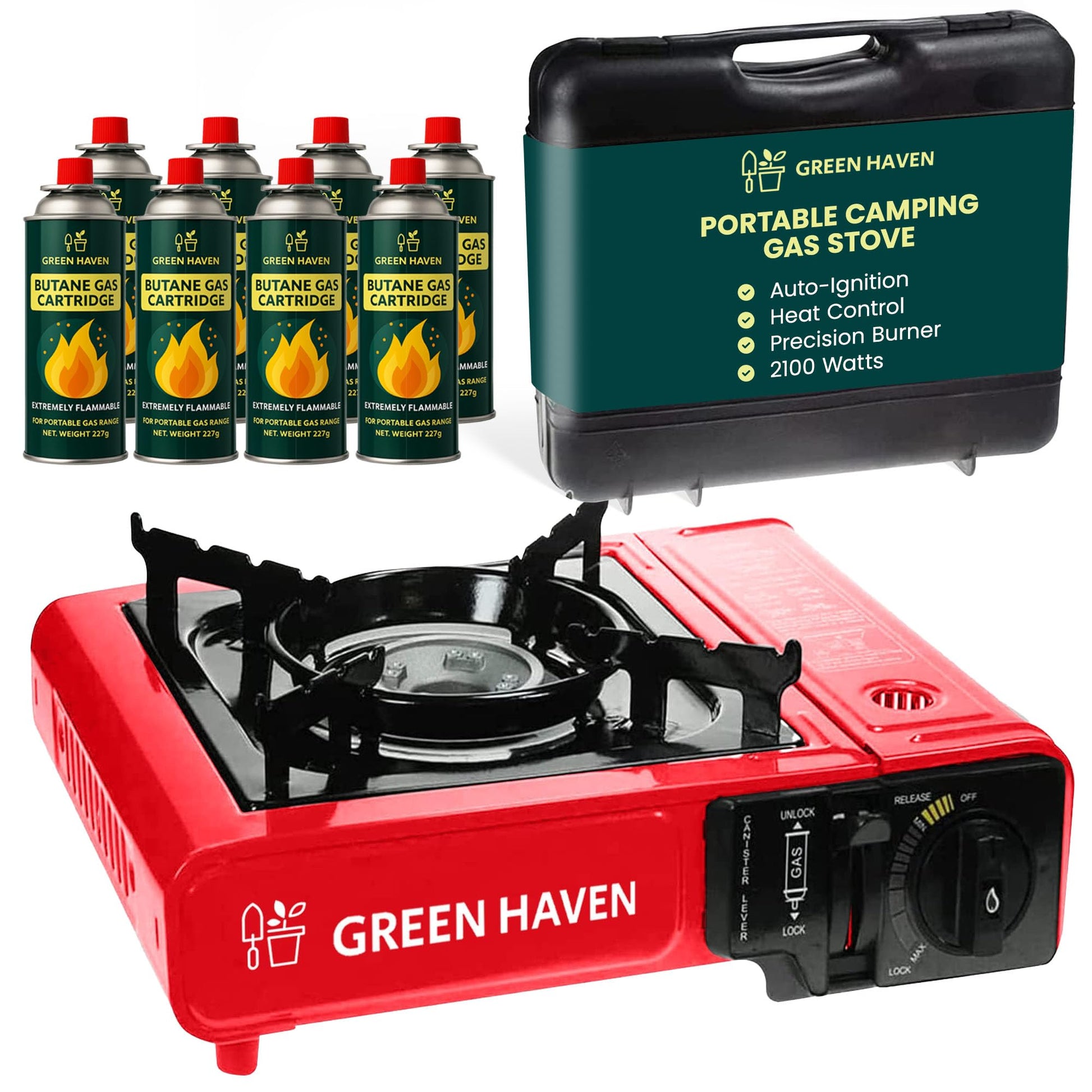 GREEN HAVEN Red Portable Camping Stove with Cary Case & 8 Butane Gas - Premium Camping Gas Stove, EN417 Compliant, Portable with Automatic Ignition & Heat Control