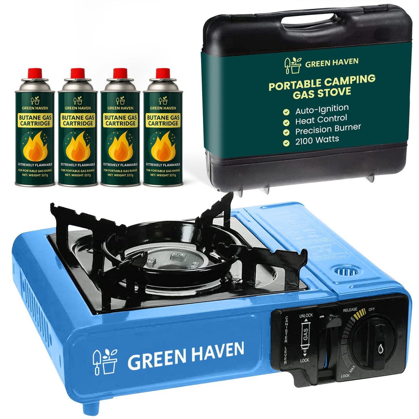 GREEN HAVEN Red Portable Camping Stove with Cary Case & 8 Butane Gas - Premium Camping Gas Stove, EN417 Compliant, Portable with Automatic Ignition & Heat Control