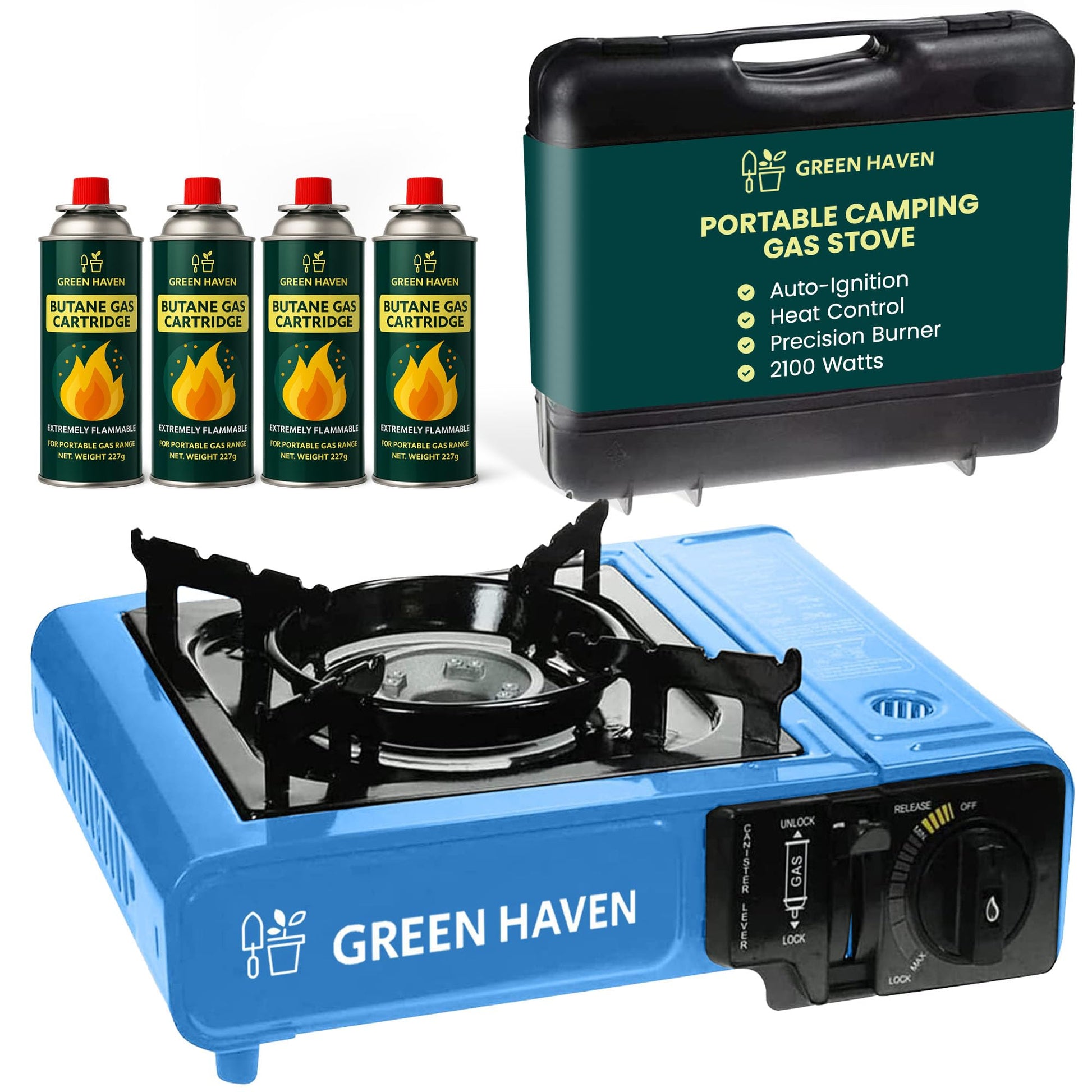 GREEN HAVEN Red Portable Camping Stove with Cary Case & 8 Butane Gas - Premium Camping Gas Stove, EN417 Compliant, Portable with Automatic Ignition & Heat Control