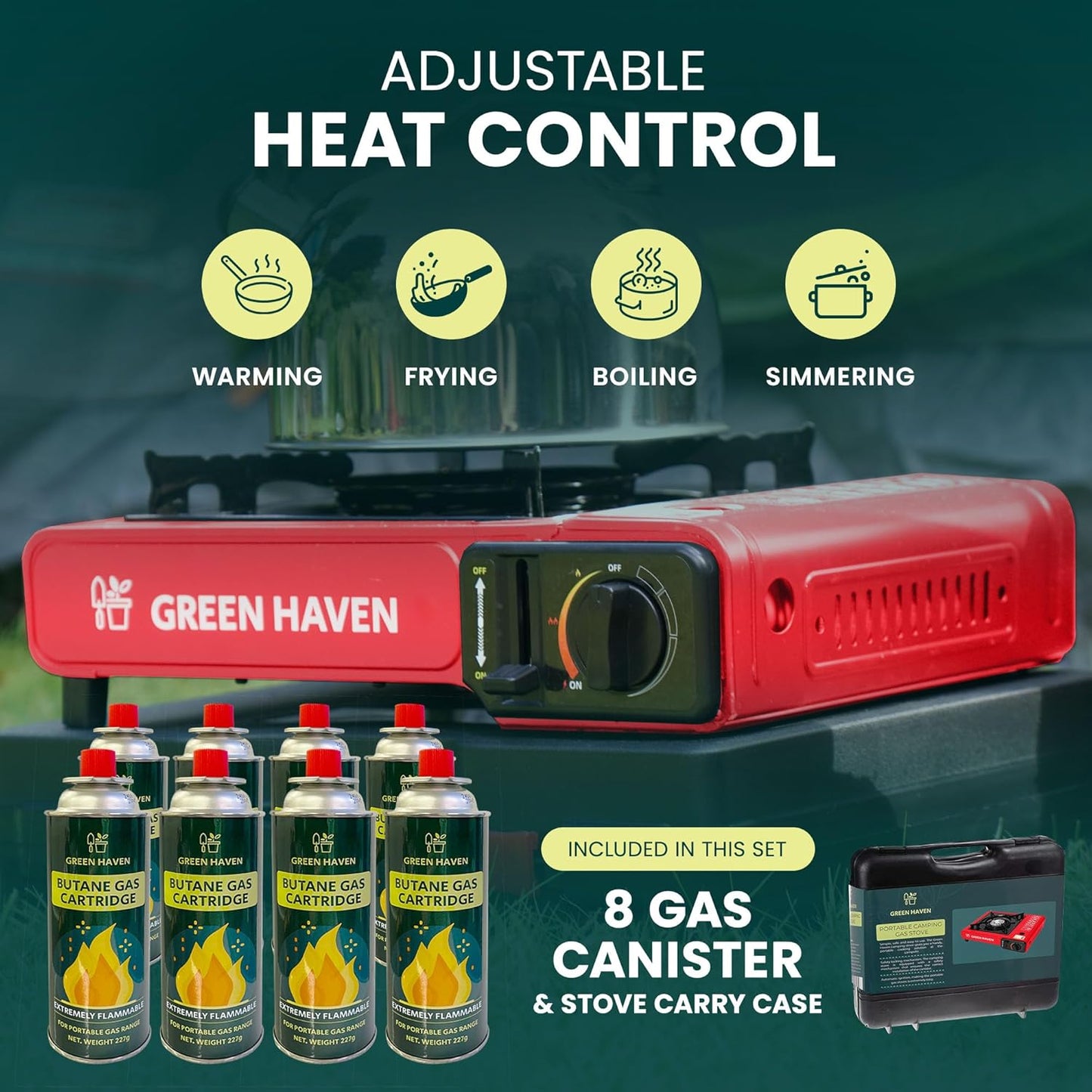 GREEN HAVEN Red Portable Camping Stove with Cary Case & 8 Butane Gas - Premium Camping Gas Stove, EN417 Compliant, Portable with Automatic Ignition & Heat Control